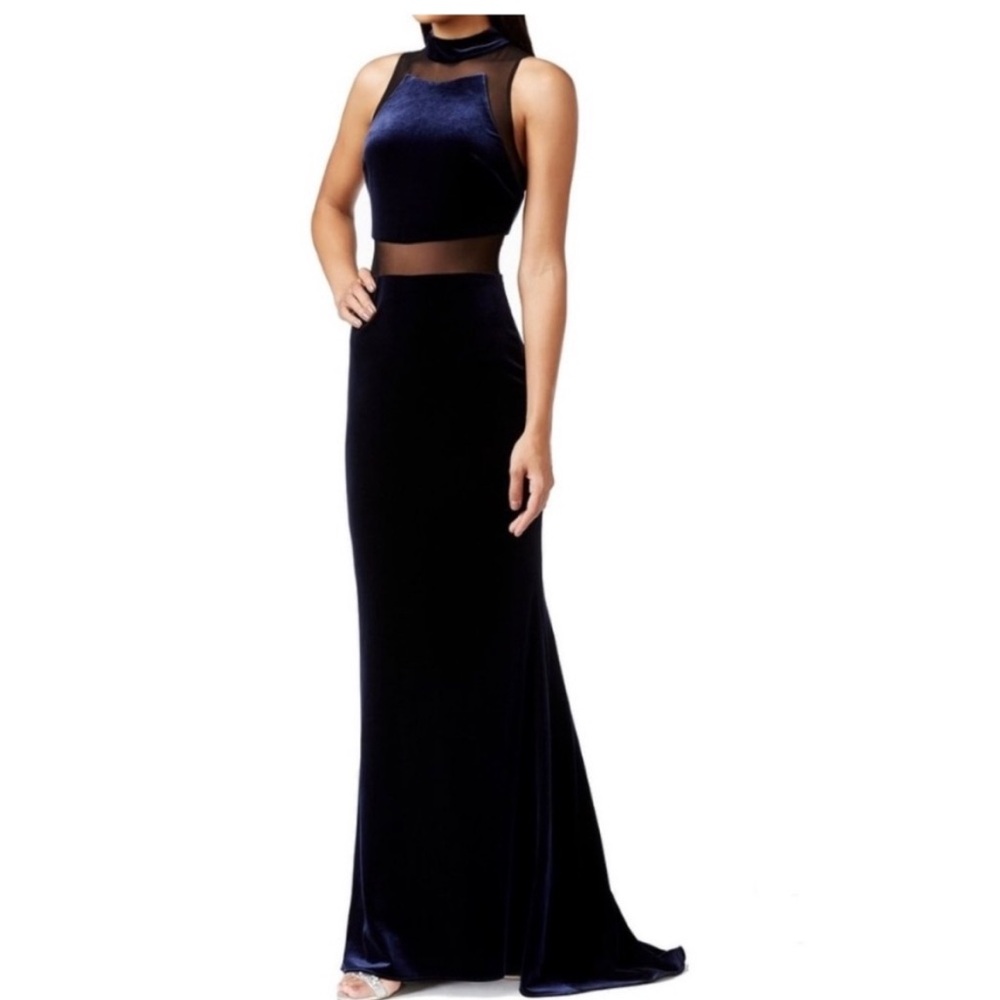 Betsy & Adam dress navy velvet black mesh panel dress size 6